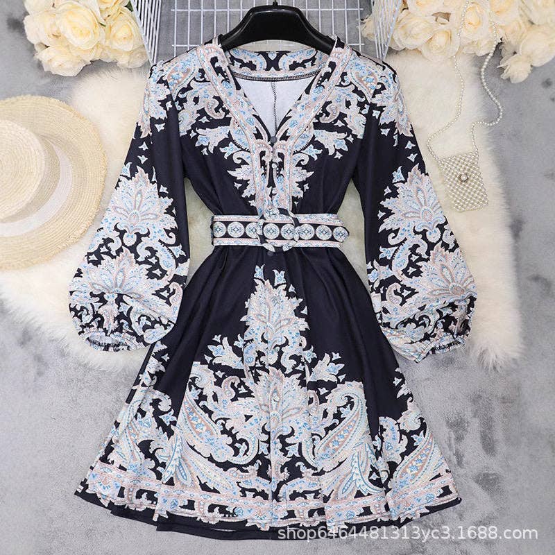 Ekartini - 2024 Fall Bohemian Print V-Neck Long Sleeve Dress