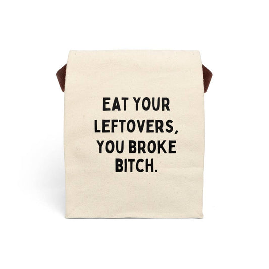 Eat Your Leftovers Canvas Lunch Bag With Strap: 8" x 12.5" x 5.5" / Natural