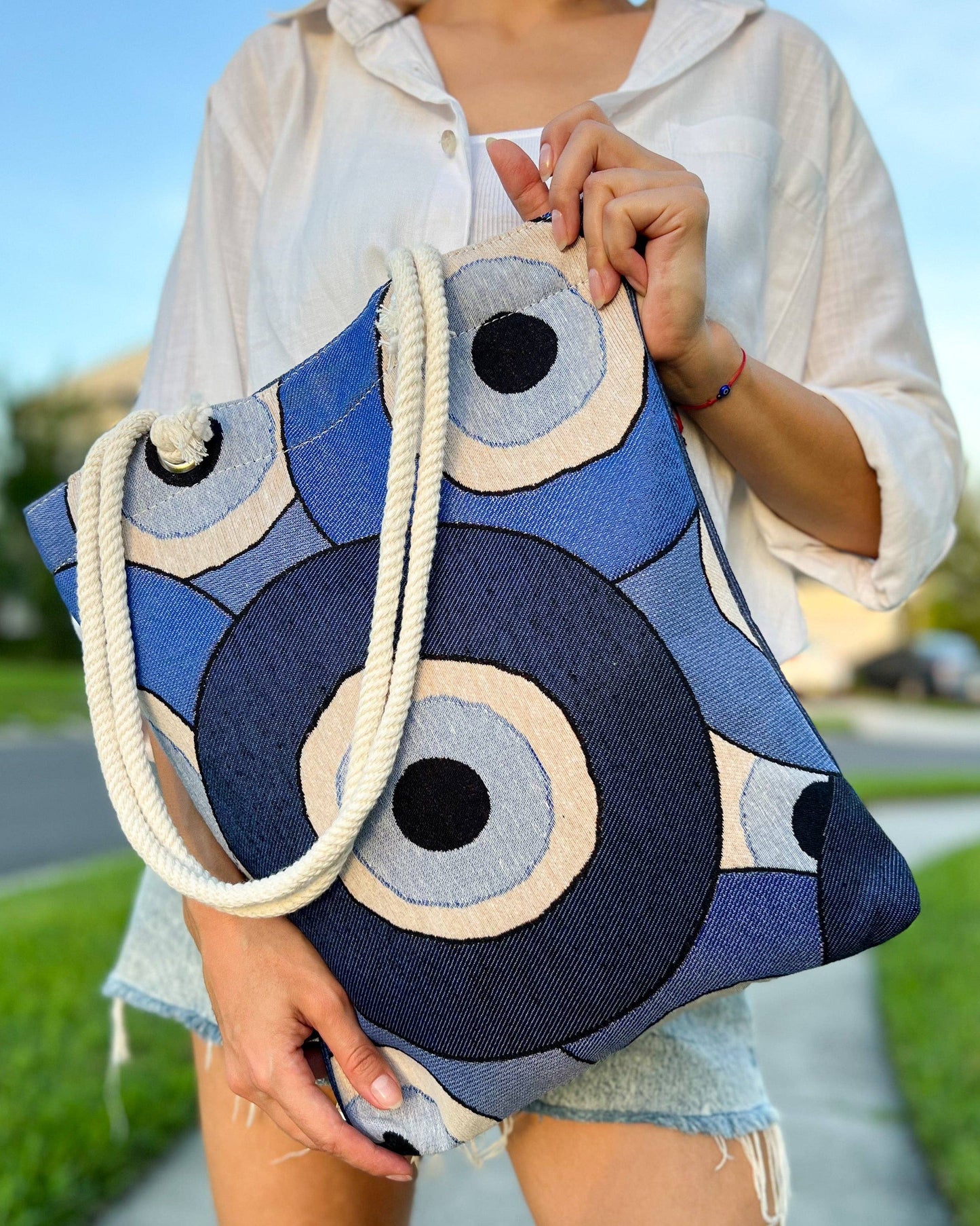 Umays Boho - Woven Fabric Shoulder Bag, Evil Eye Tote Bag