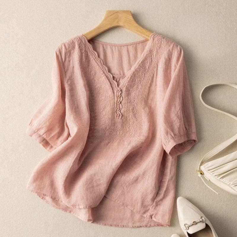 Ekartini - Linen Embroidered V-Neck Shirt