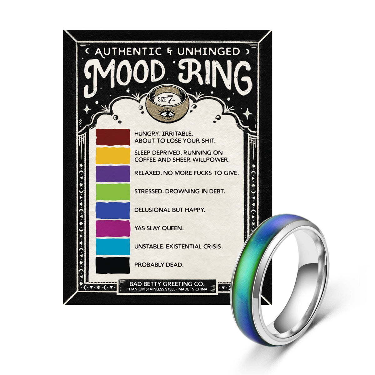 Bad Betty Greeting Co. - Authentic & Unhinged Color Changing Mood Ring - Funny Gift