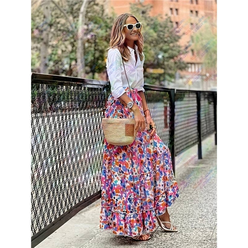 Ekartini - Summer Women's Printed Maxi Skirt Casual Beach Loose Wide Swing