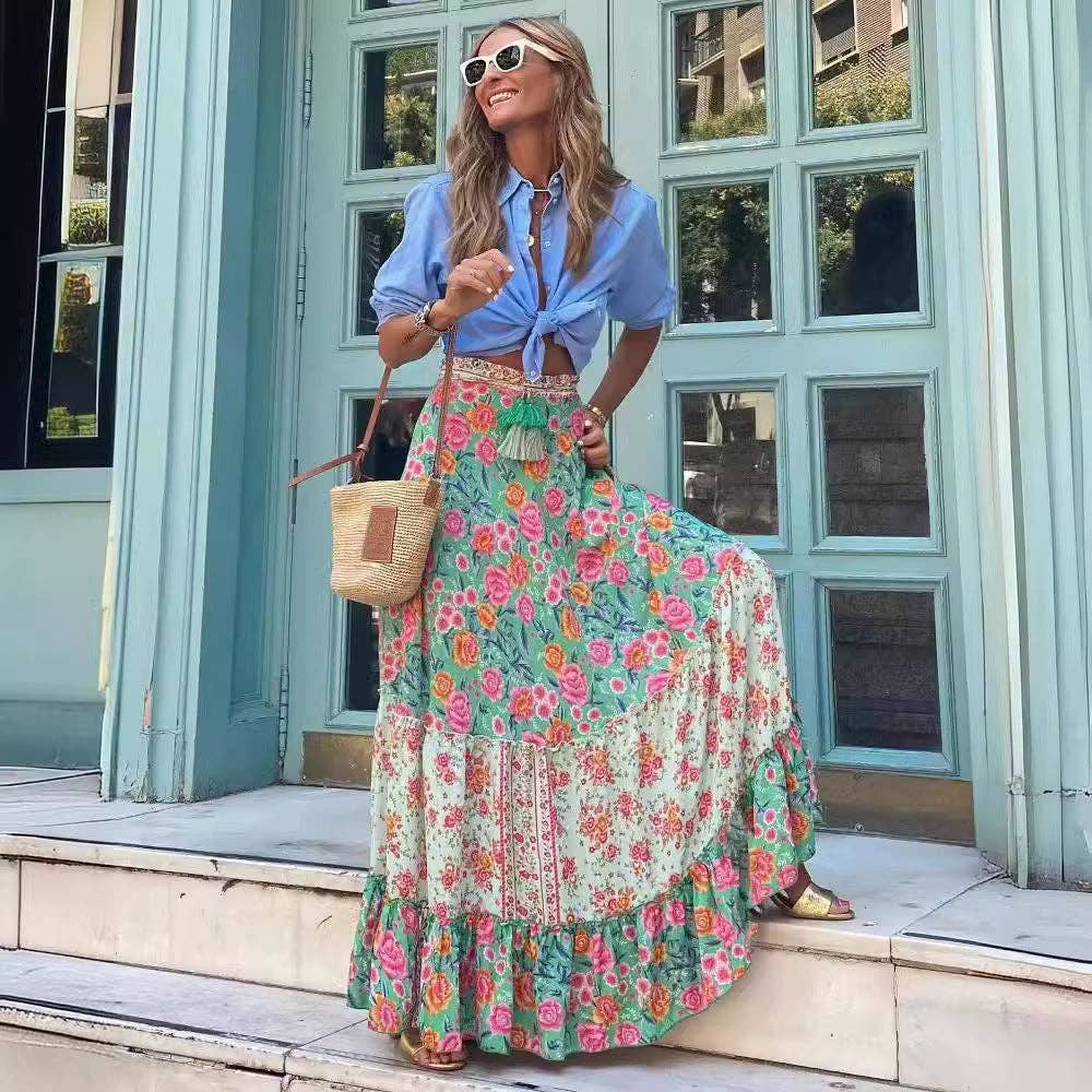 Ekartini - Summer Women's Printed Maxi Skirt Casual Beach Loose Wide Swing