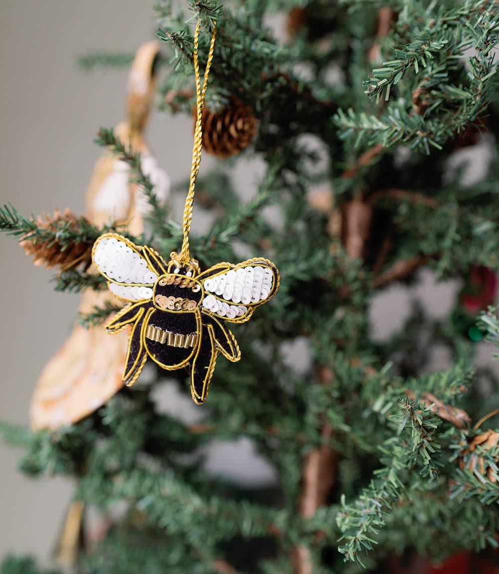 Fair Trade - Larissa Plush Bee Beaded Felt Ornament - Embroidered