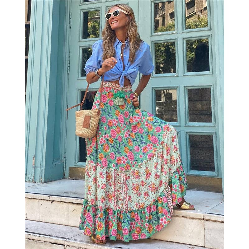 Ekartini - Summer Women's Printed Maxi Skirt Casual Beach Loose Wide Swing