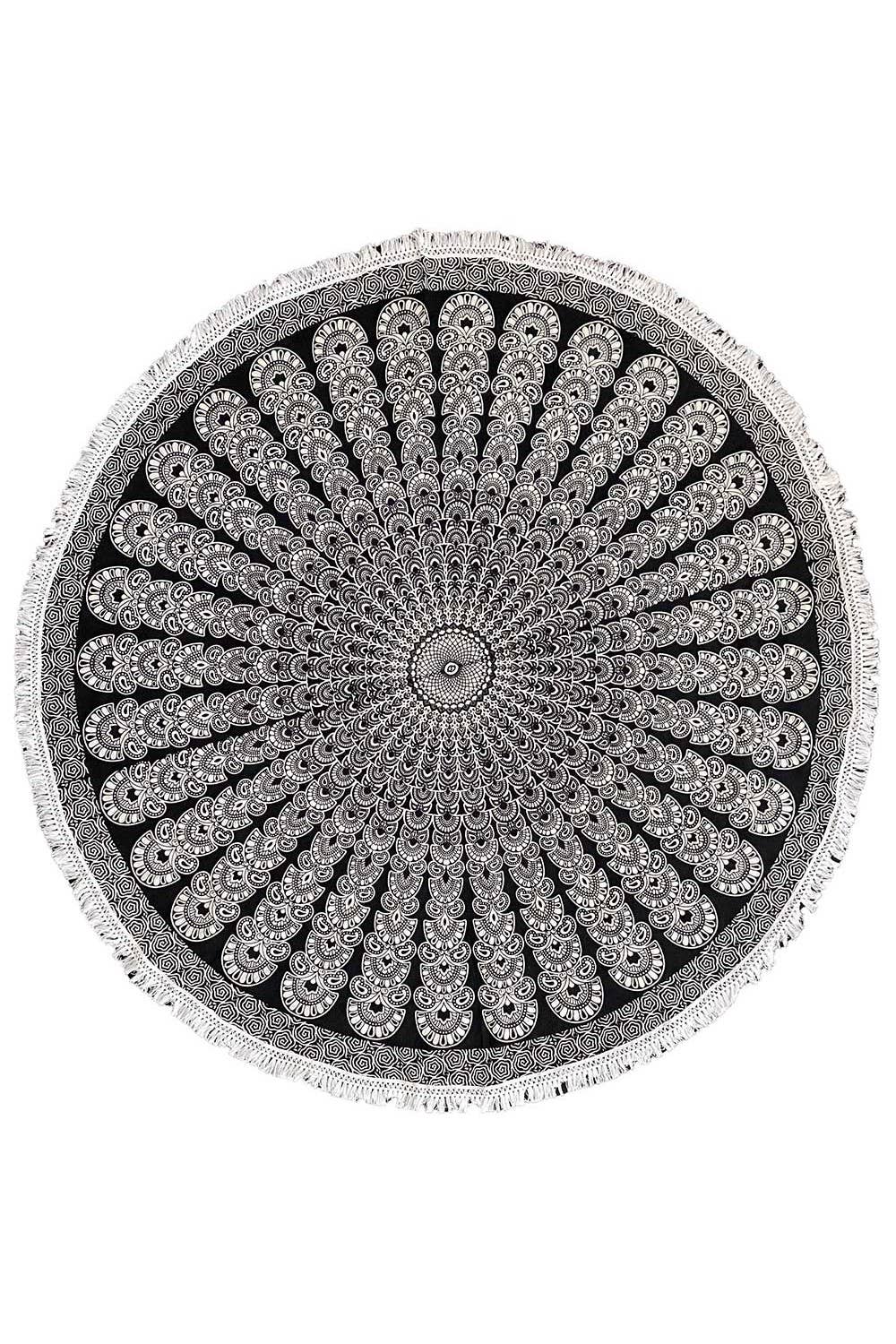 Sunshine Joy - Round Tablecloth Tapestry Black & White Fringed