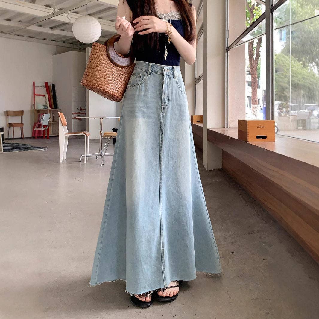 Ekartini - American Vintage Frayed Denim Skirt Women's A-Line Loose Fit