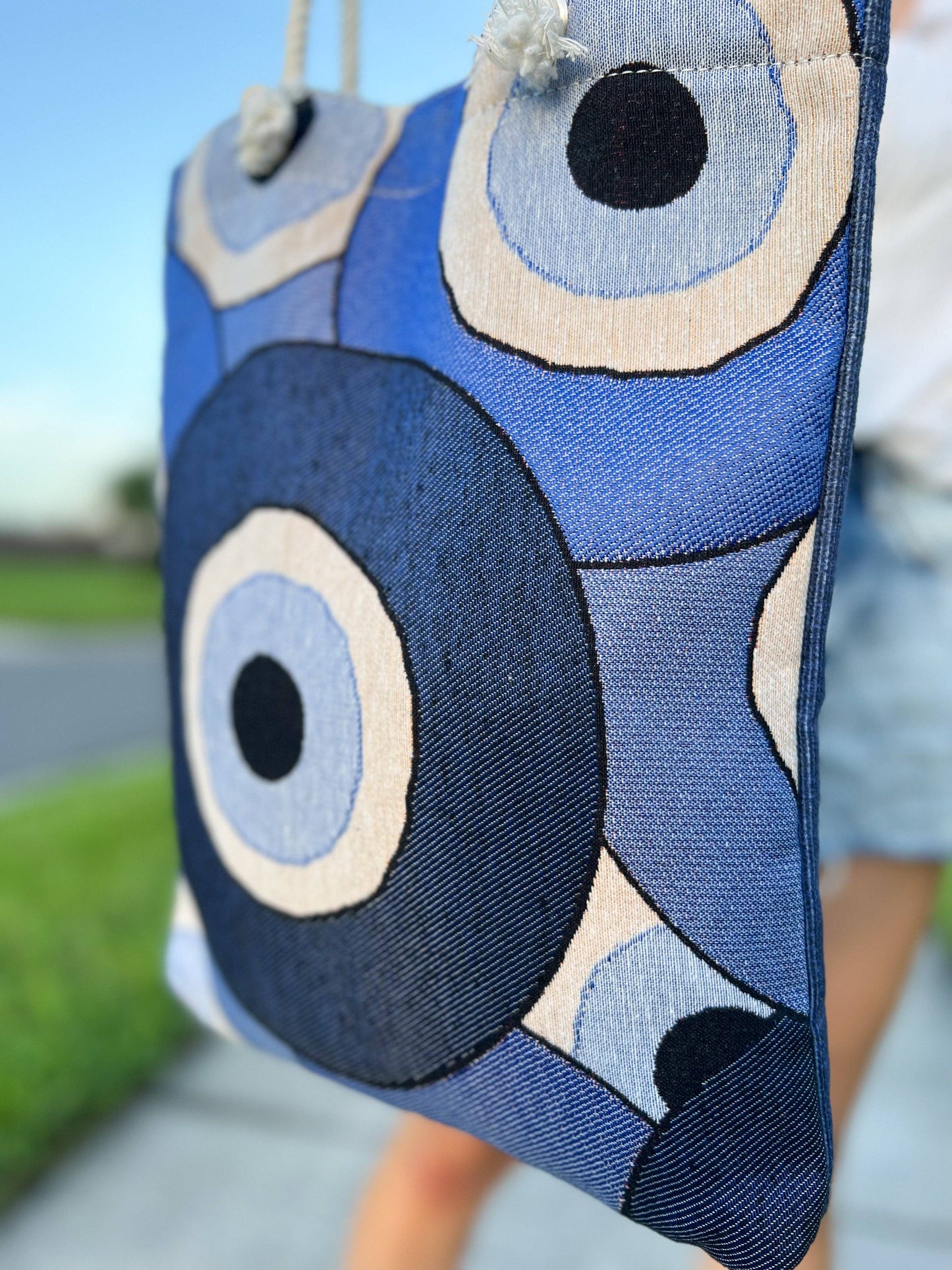 Umays Boho - Woven Fabric Shoulder Bag, Evil Eye Tote Bag