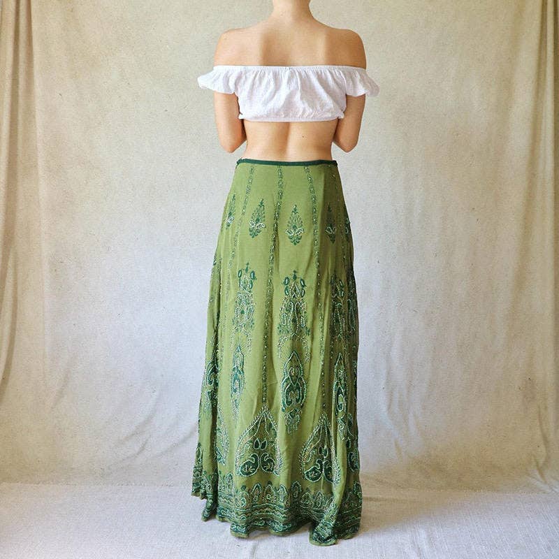 Ekartini - Vintage Boho Split Skirt With Patchwork And Frayed Hem
