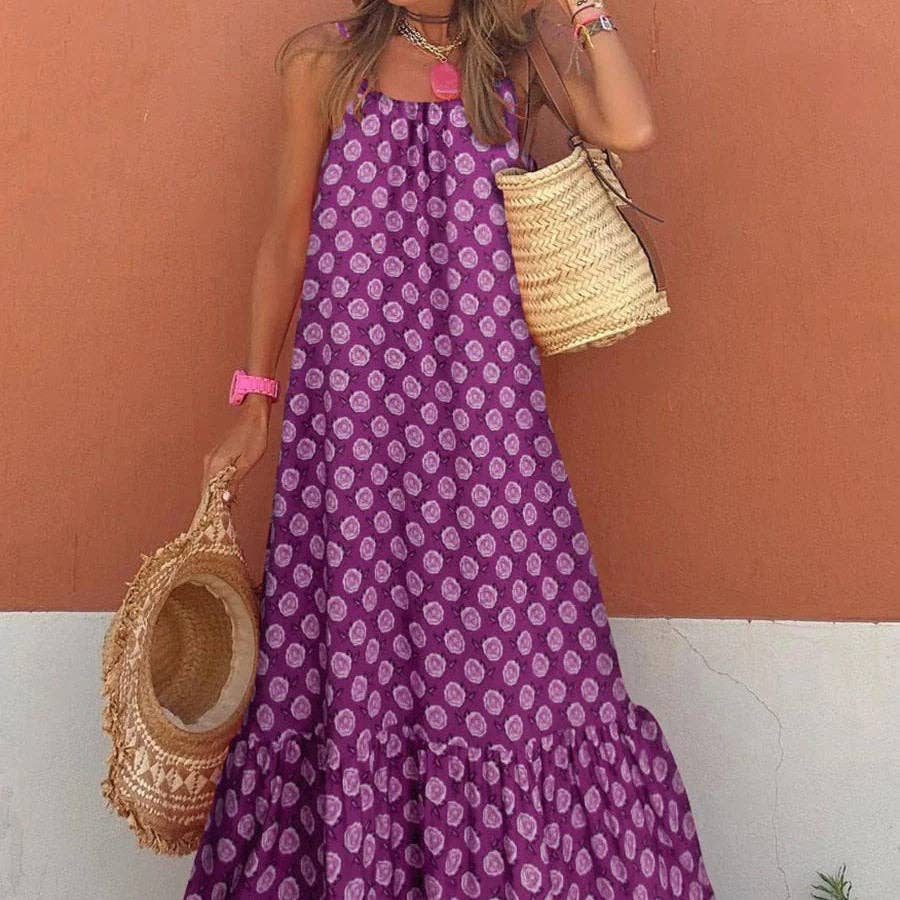Ekartini - Flounce Print V-Neck Loose Maxi Dress