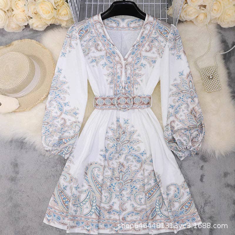 Ekartini - 2024 Fall Bohemian Print V-Neck Long Sleeve Dress