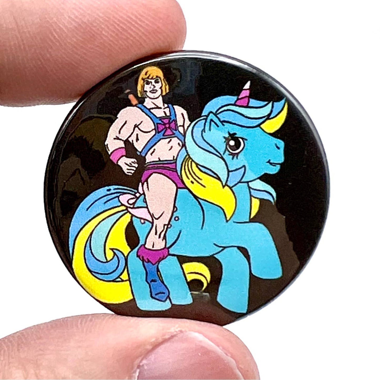 My Little He-Man Pony 1980s Inspired Black Button Pin Badge